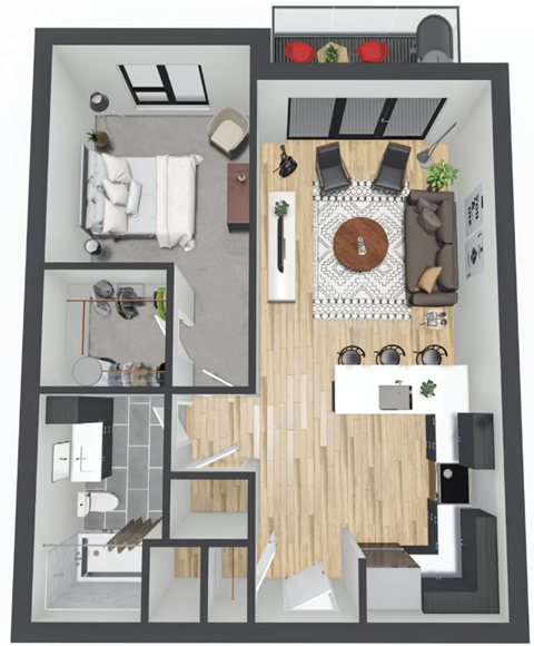 A 3D floor plan of a modern apartment with a living room, kitchen, and bedroom.